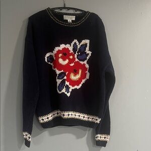 Vintage Cambridge Soirit Navy Floral Knit Sweater Medium